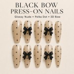 Nude Polka‑Dot Black 3D Bow Press‑On Nails, Long Almond Retro Sweet‑Cool False Nails